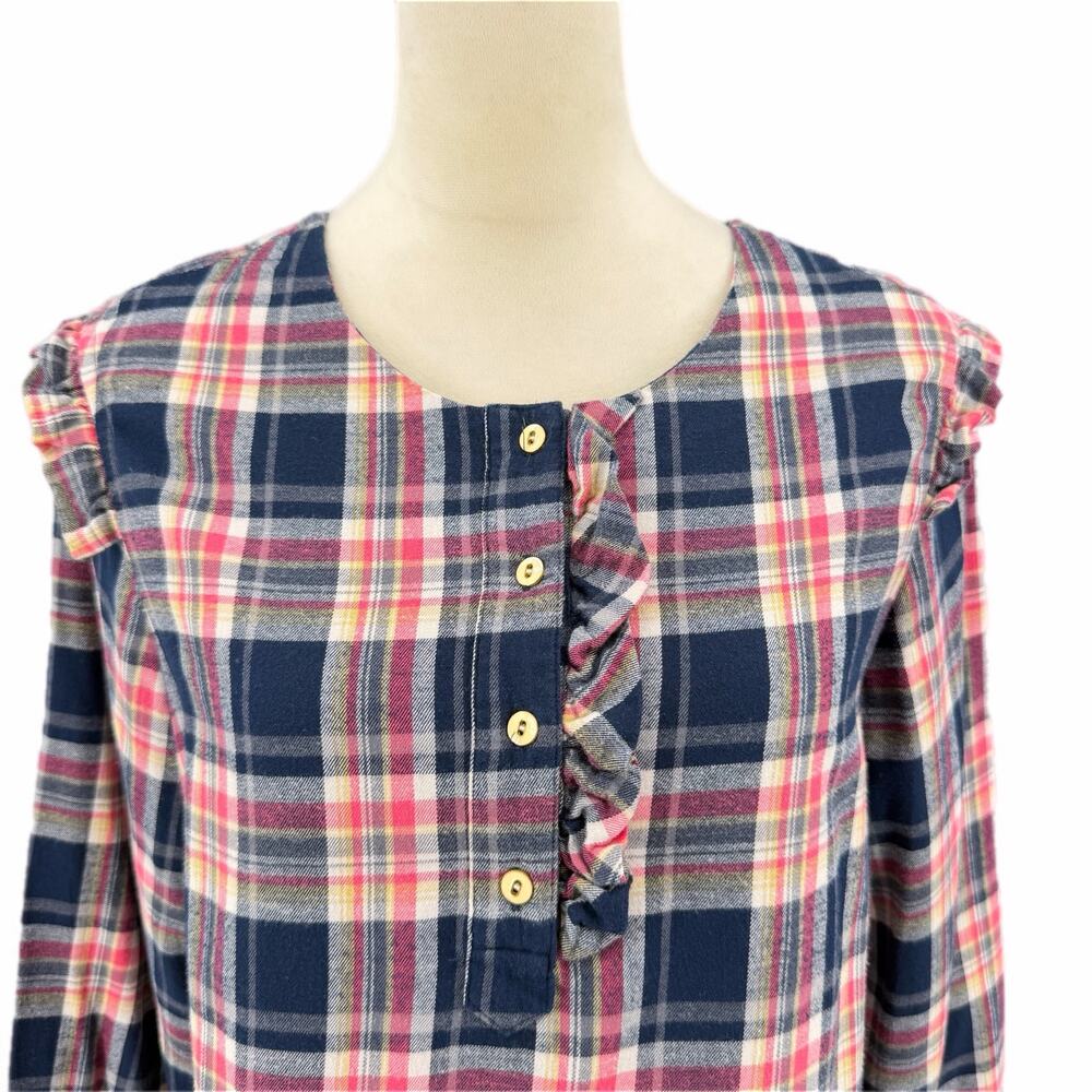 Anthropologie Isabella Sinclair Pink Navy 100% Cotton Ruffle Plaid Academia Top - Picture 6 of 13